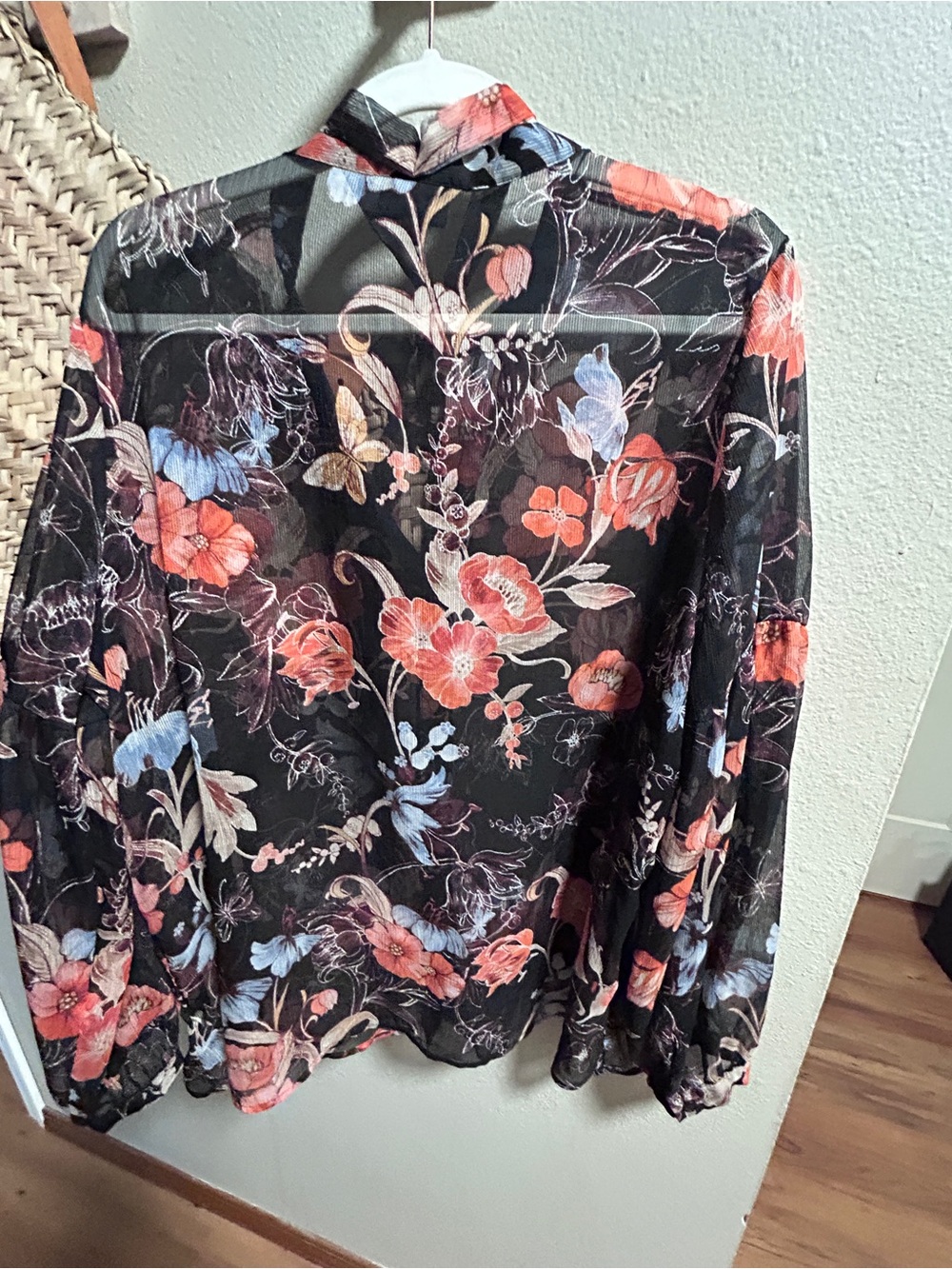 Who What Wear Black Sheer Floral Blouse with Coral & Light Blue Blooms